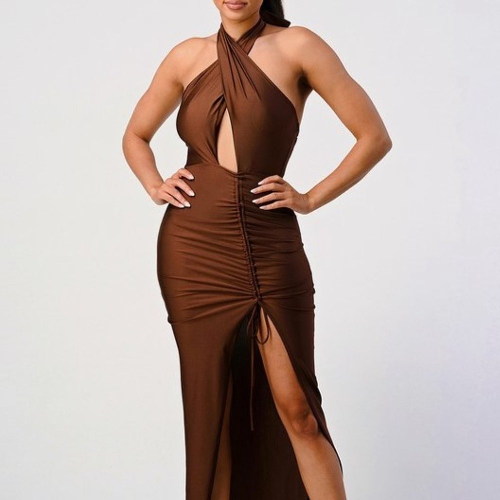 Expresso Luxe Double Cross Halter Dress